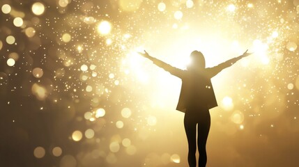 Naklejka premium A silhouette of a person celebrating in front of a bright, sparkling background, symbolizing joy, freedom, and positivity.