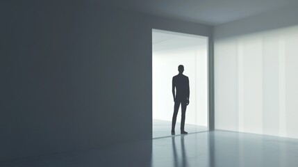 A silhouette of a person standing in a doorway, casting a shadow in a minimalist, modern interior space with soft lighting.