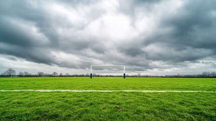 A rugby pitch with green grass and goalposts, outdoor setting under cloudy skies, Robust style