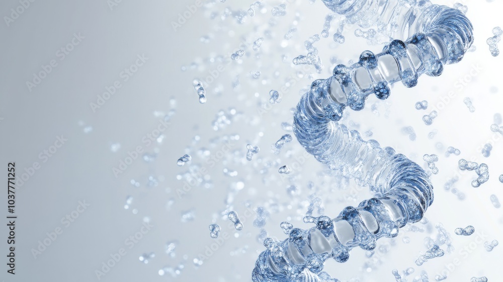 Poster a swirling spiral of clear water droplets, creating a sense of motion and fluidity against a soft gr