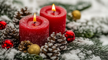 Red candles surrounded by pinecones and ornaments on a snowy Christmas Day display