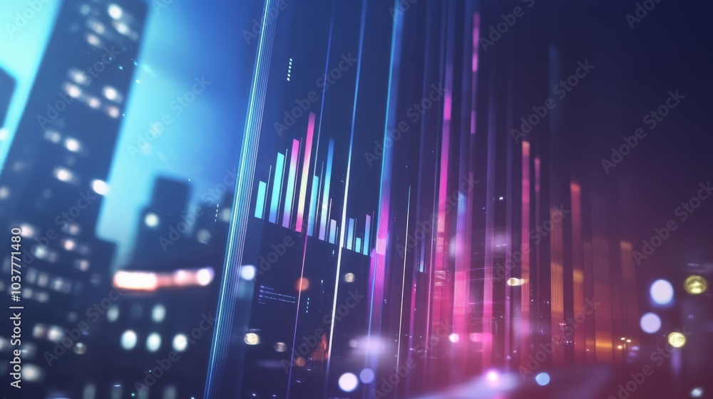 Poster a vibrant digital cityscape with colorful light bars representing data visualization and growth. mod