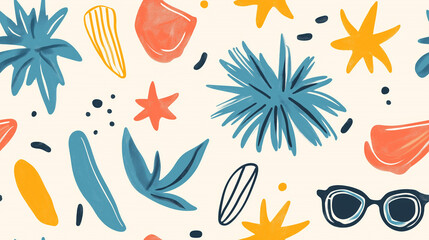 Fototapeta premium Summer Vibes Seamless Pattern, Tropical Leaves, Stars, Sunglasses, and Abstract Shapes
