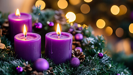 Three purple candles flame brightly amidst a festive Christmas wreath on Advent day celebration