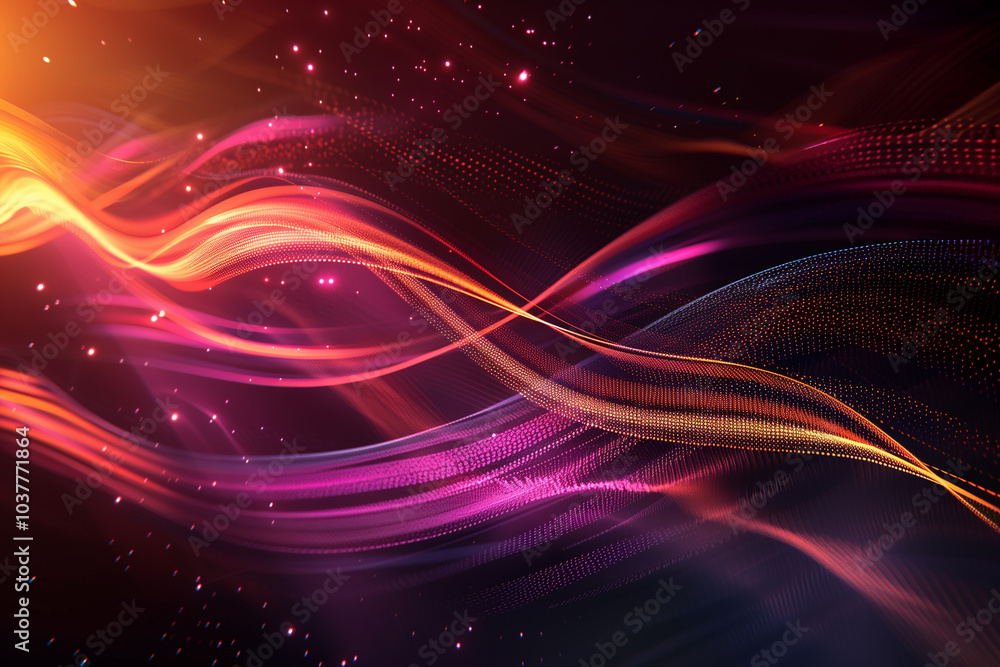 Poster cyber tech background with abstract data lines, flowing through a dark, metallic surface with radian