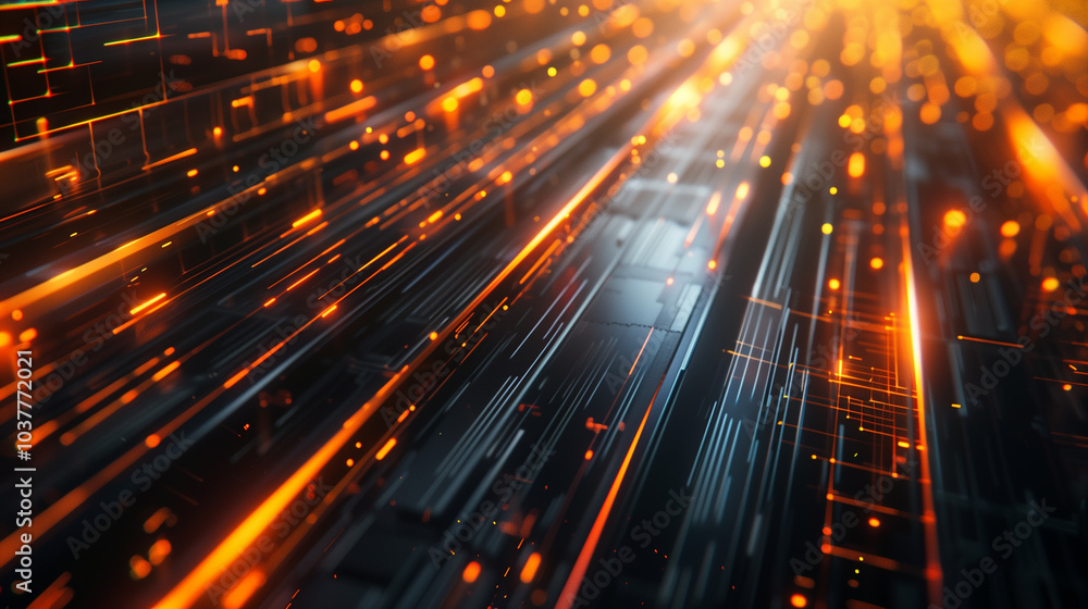 Poster cyber tech background with abstract data lines, flowing through a dark, metallic surface with radian