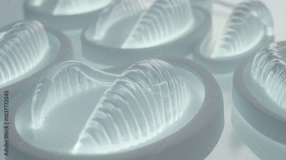 Poster abstract close-up of translucent shapes resembling shells, featuring intricate textures and soft lig