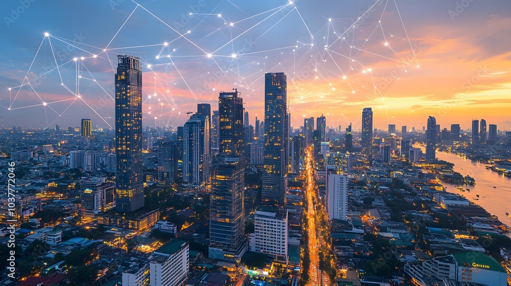 Poster wireless network and connection technology concept with abstract bangkok city background in panorama