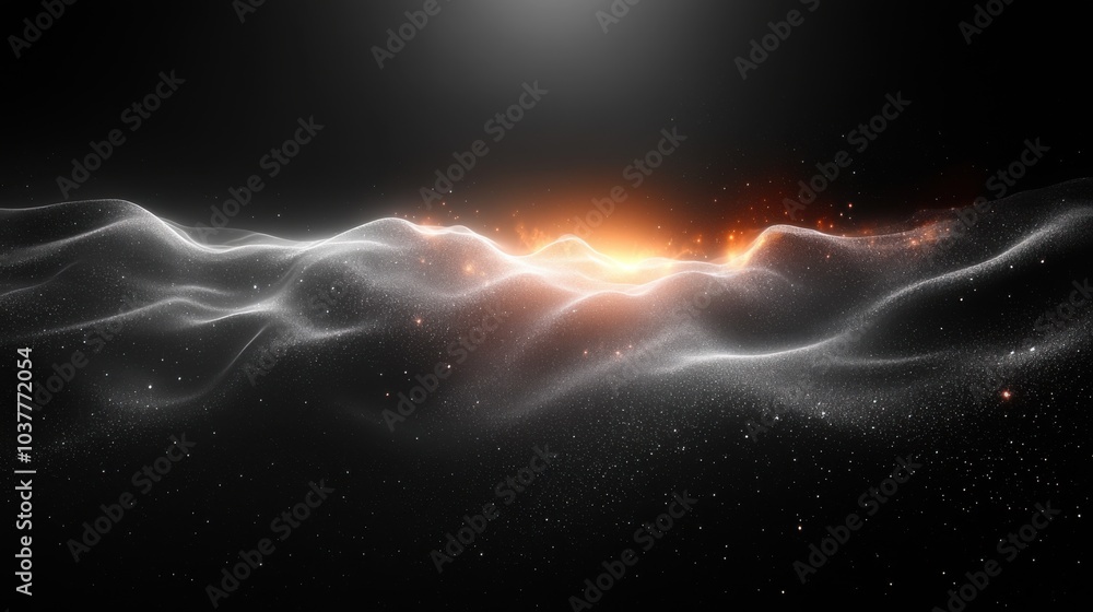 Poster abstract waves of light and particles in a dark space.