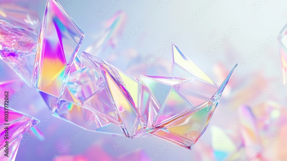 Poster abstract crystal formations reflect light in vibrant colors, creating a mesmerizing visual effect in