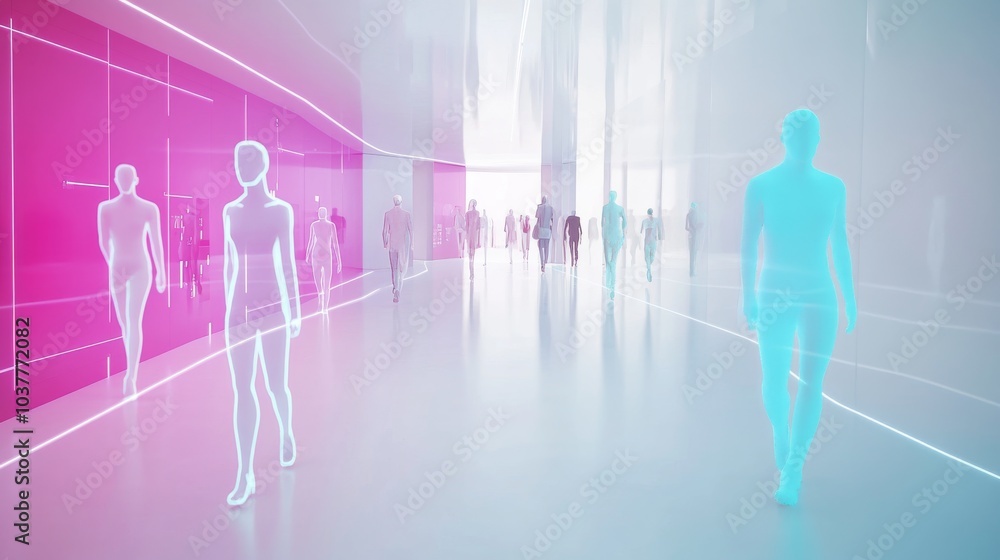 Poster abstract depiction of modern people in an ethereal setting with bright colors and dynamic movement, 