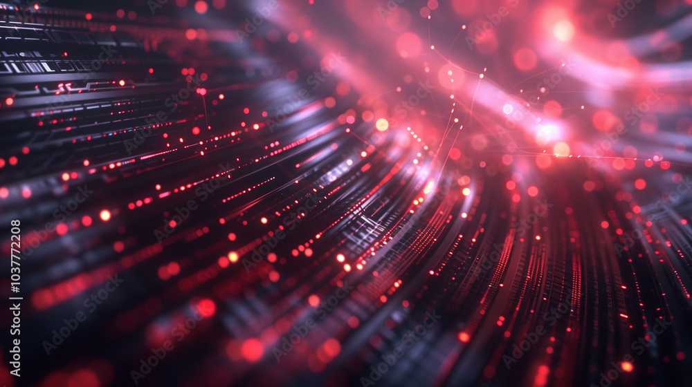 Poster cyber tech background with abstract data lines, flowing through a dark, metallic surface with radian