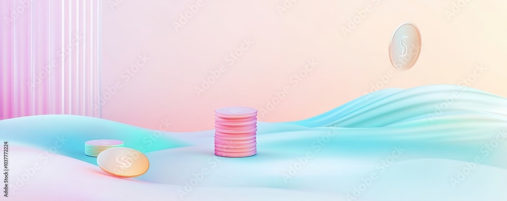 Poster abstract pastel landscape with floating coins and geometric shapes, creating a serene and modern atm