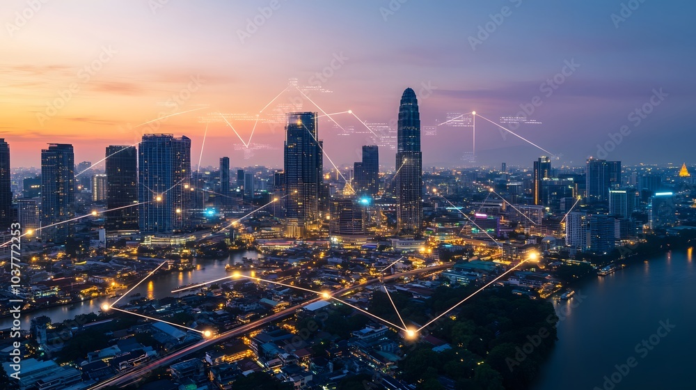 Poster wireless network and connection technology concept with abstract bangkok city background in panorama