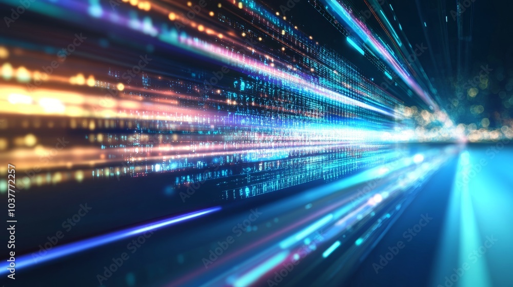 Poster abstract representation of speed with vibrant light trails, symbolizing technology and innovation in