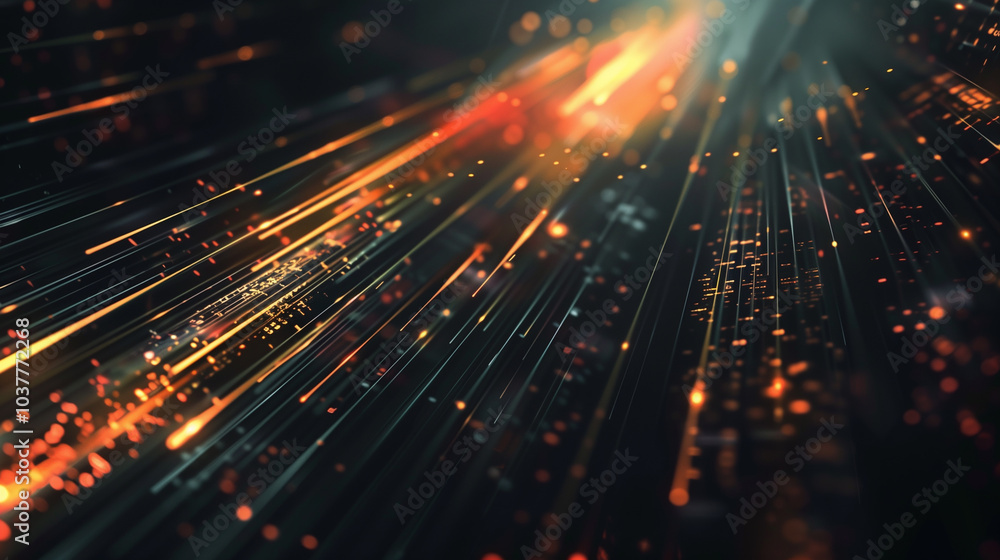 Poster cyber tech background with abstract data lines, flowing through a dark, metallic surface with radian