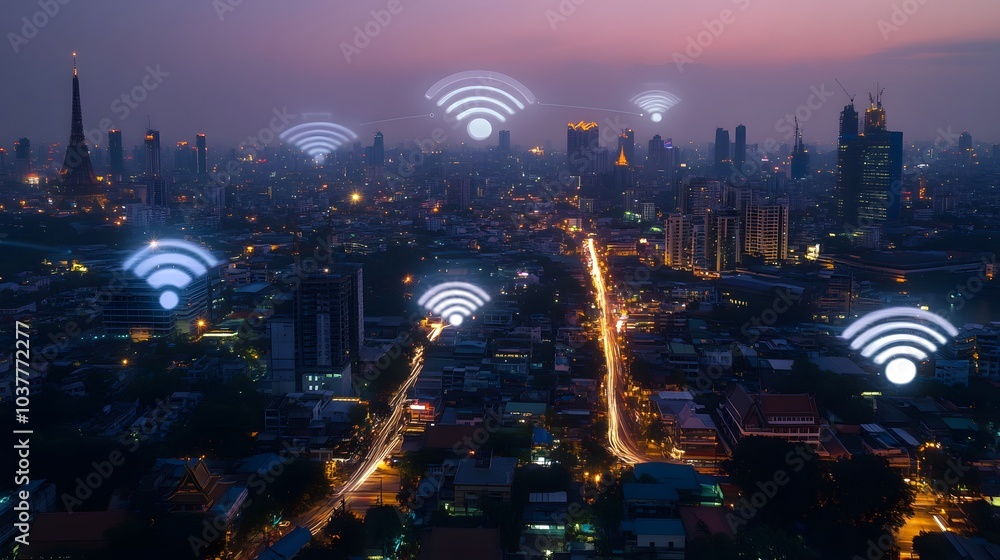 Poster wireless network and connection technology concept with abstract bangkok city background in panorama