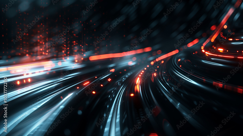 Poster cyber tech background with abstract data lines, flowing through a dark, metallic surface with radian