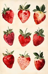 Nine watercolor illustrations of red strawberries on a white background.