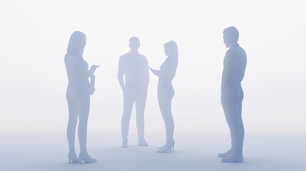 Abstract silhouettes of people interacting in a foggy environment, suggesting communication and connection in a modern setting.
