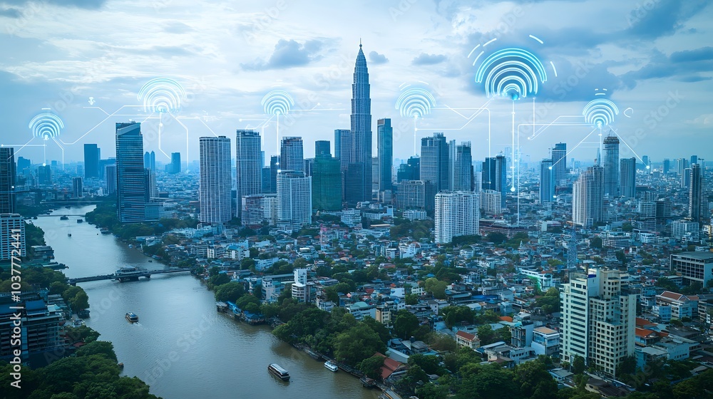 Poster wireless network and connection technology concept with abstract bangkok city background in panorama