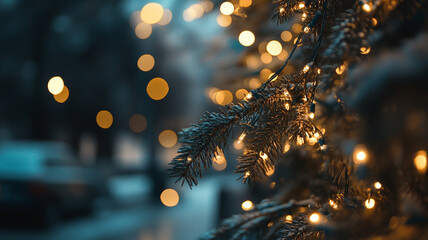 Sparkling Christmas lights adorn a snowy tree during a festive winter evening