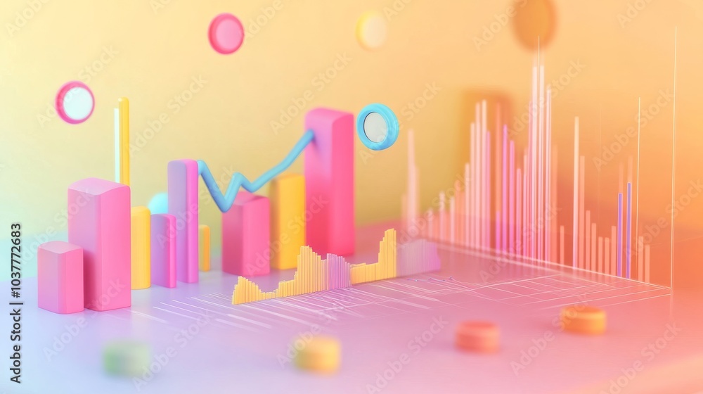 Poster colorful 3d bar graph with vibrant shapes illustrating data analysis and business growth in a modern