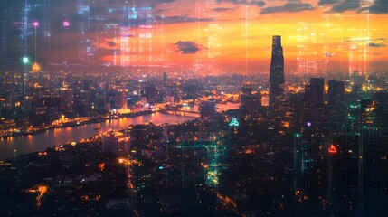 Fototapeta premium Wireless network and Connection technology concept with Abstract Bangkok city background in panorama view. 