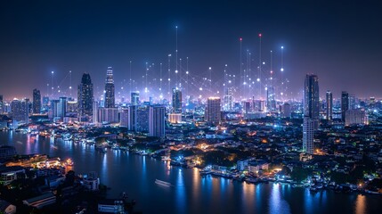 Obraz premium Wireless network and Connection technology concept with Abstract Bangkok city background in panorama view. 