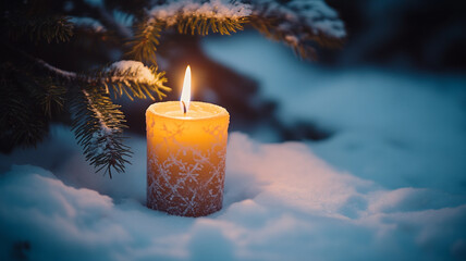 Warm candlelight shines gently on snow-covered ground during Advent Christmas celebrations