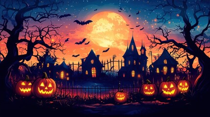 Halloween night with pumpkins, haunted house and bats flying over full moon