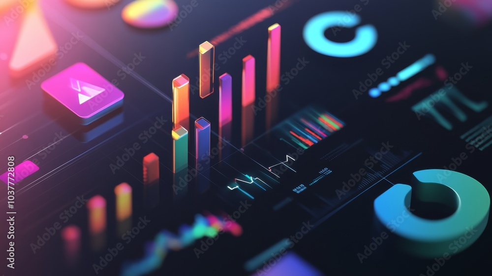 Poster colorful data visualization showcasing graphs, charts, and digital elements in a modern design for b