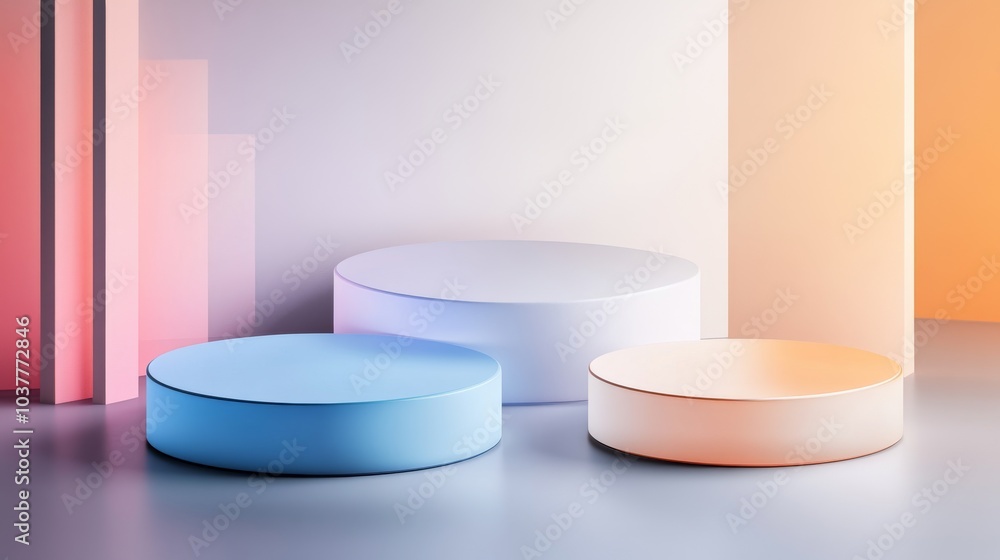 Poster colorful geometric podiums in a soft, modern setting with gradient hues that create a vibrant and in