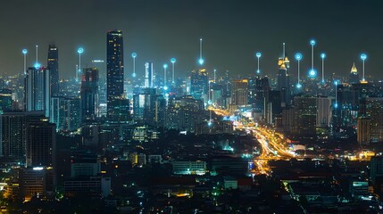 Obraz premium Wireless network and Connection technology concept with Abstract Bangkok city background in panorama view. 