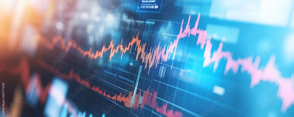 Poster dynamic stock market graph showcasing fluctuating trends and data analysis in a modern financial env