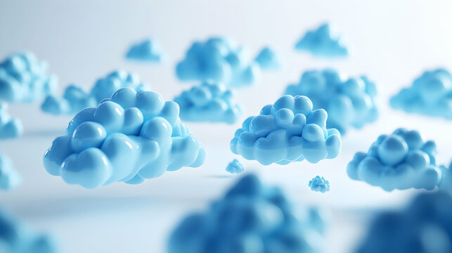 Abstract cloud computing illustration with blue cloud icons over a light background  -