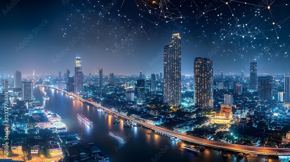 Poster wireless network and connection technology concept with abstract bangkok city background in panorama
