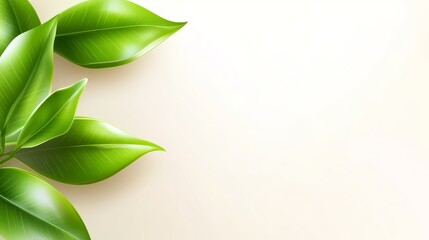 Fototapeta premium Fresh green leaves arranged elegantly on a light background, perfect for nature themes or eco-friendly concepts.