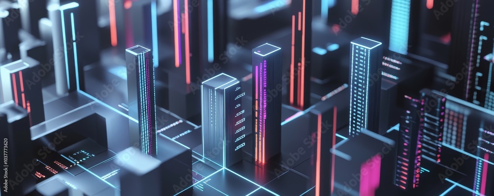 Poster futuristic cityscape with neon lights and digital patterns, representing advanced technology and mod