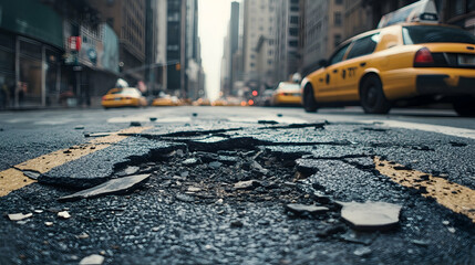 Broken Asphalt on a City Street Highlighting Severe Damage  -