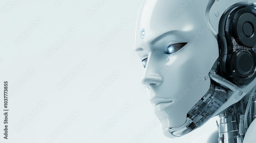 Poster futuristic humanoid robot with soft features, showcasing advanced technology and a sleek design agai