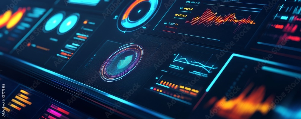 Aufkleber futuristic interface showcasing vibrant data analytics and visualizations, ideal for technology and 