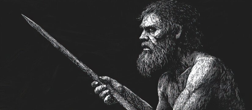 prehistoric caveman holding a spear, showcasing primitive human life and ancient survival tools sketch engraving generative ai vector illustration.
