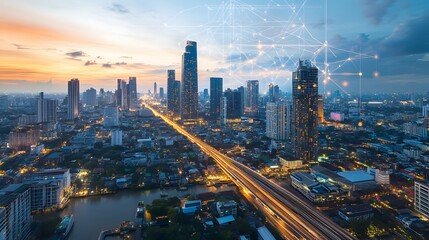 Obraz premium Wireless network and Connection technology concept with Abstract Bangkok city background in panorama view. 