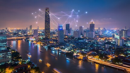 Obraz premium Wireless network and Connection technology concept with Abstract Bangkok city background in panorama view. 