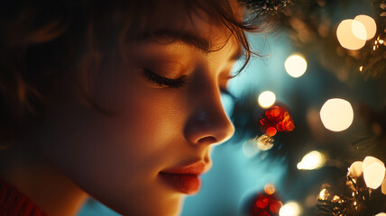 Fototapeta premium A young woman enjoying the festive atmosphere of Christmas with a beautifully decorated tree