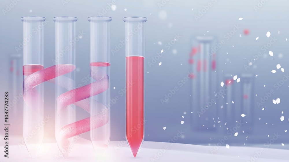 Poster lab scene featuring test tubes with colorful liquids, showcasing science and research in a modern la