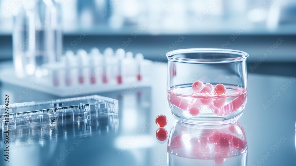 Poster laboratory setting showcasing a glass container with colorful spheres, symbolizing research and inno