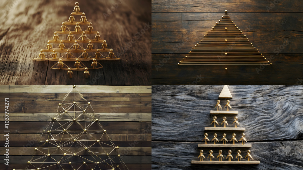Poster conceptual image depicting corporate hierarchy with a top-down structure of gold wires on wood -
