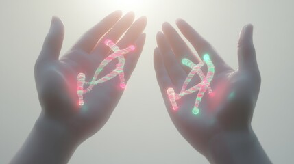 Obraz premium Illuminated hands holding glowing shapes, symbolizing creativity and innovation in a modern, abstract setting.